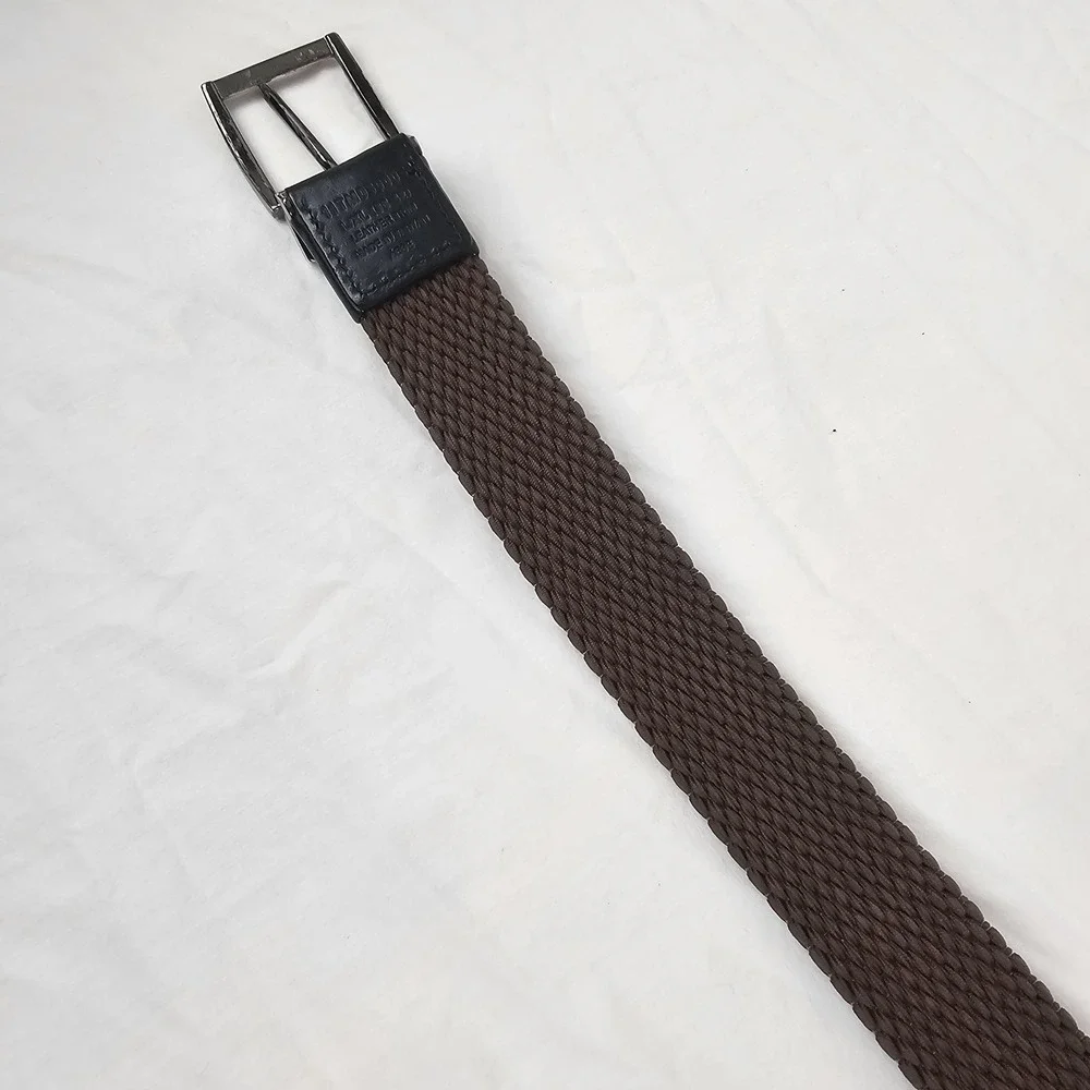 TOMMY BAHAMA Mens L XL Braided Cotton Woven Black Leather Trim Belt Silver Work